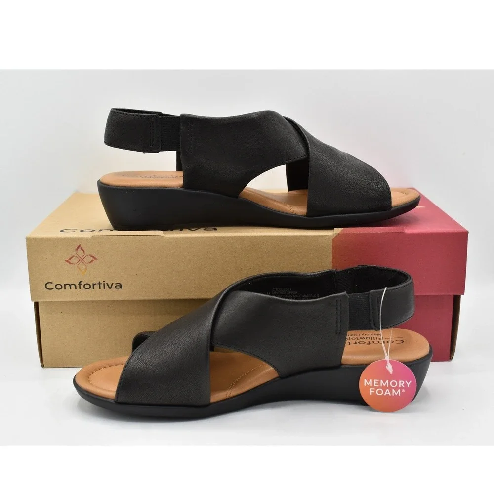 Comfortiva Womens 8.5 Emilee Black Leather Stretch Slingback Wedge Sandals Shoes